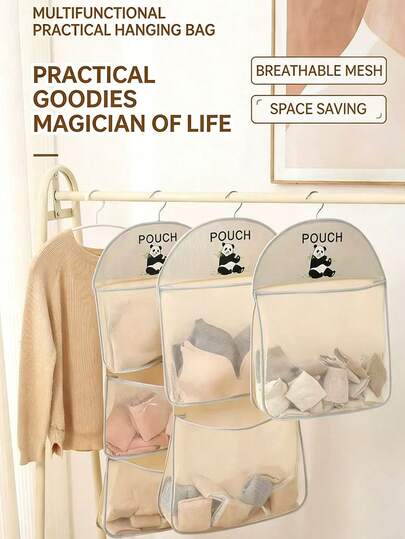 1pc Panda Themed Nylon Hanging Storage Bag, Suitable For Underwear And Socks - Breathable Mesh Fabric, Wall-Mounted Or Door-Hung, Multi-Compartment Design, Applicable For Bedroom, Bathroom And Kitchen, Portable Wardrobe, Storage Organizer, Travel Essential