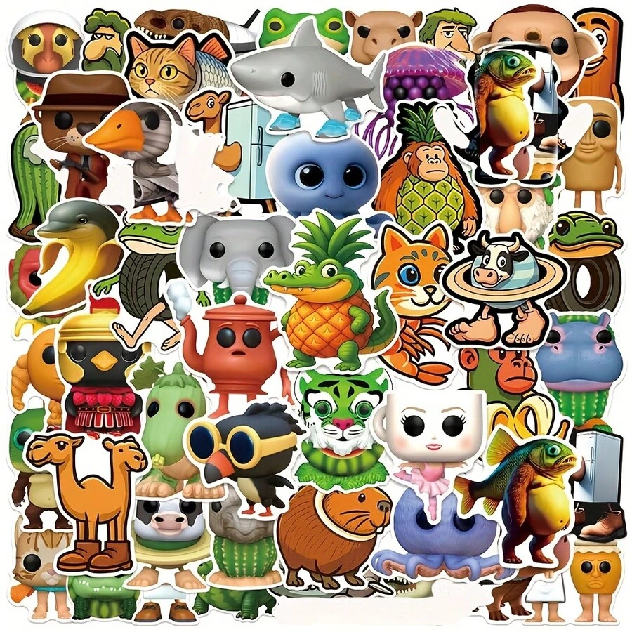 55pcs Italian Style Brain Teaser Stickers, TungTungTungTungTung Sahur Stickers, Creative Funny Abstract Stickers Inspired By "Classic Of Mountains And Seas", Meaning Unclear - 55pcs - View 1