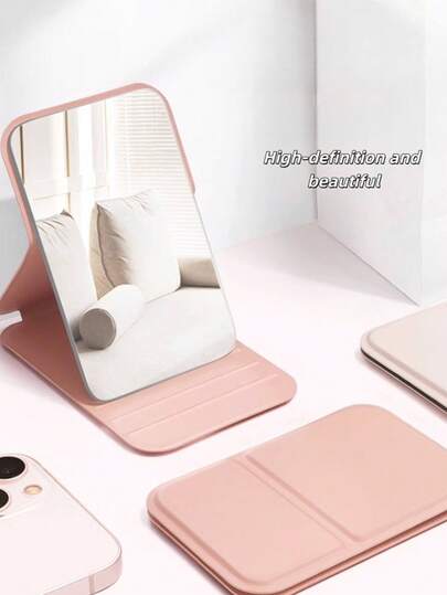 1pc Compact Folding Makeup Mirror, Portable Mini Mirror, Solid Color Beautiful Small Mirror, Desktop Display, High Definition Mirror Surface