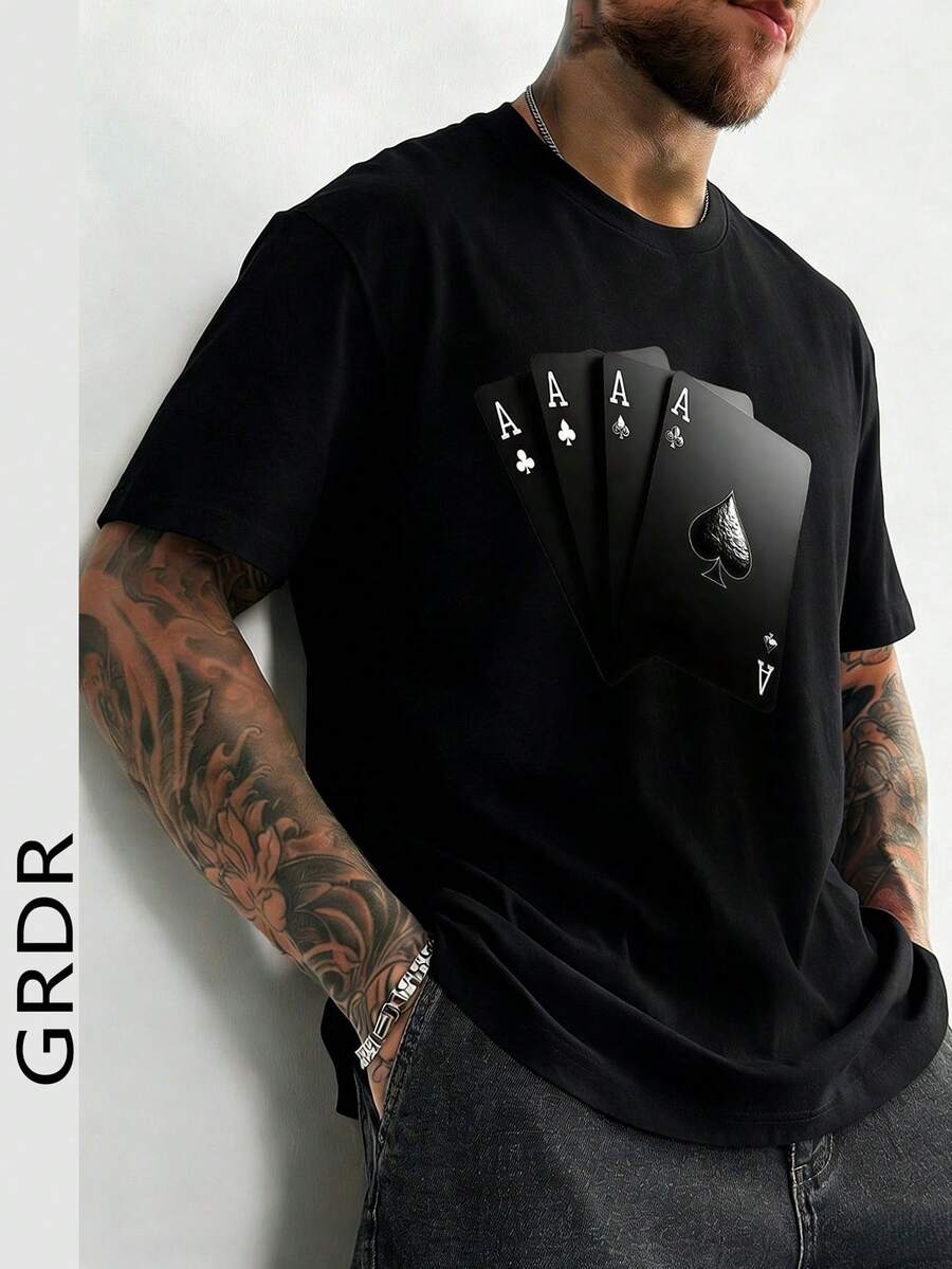 Camiseta de manga corta holgada con estampado de moda para hombres GRDR | Diseño exquisito | Esencial de verano | Fácil de combinar | Muestra tu estilo - Negro - Ver 1