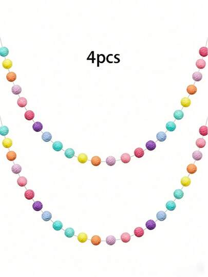 4pcs Macaron Color Pom Pom Flower Garland, 1pc 98ft Long, 1pc 12 Balls, Craft Supplies, Suitable For Carnival, Easter, Thanksgiving, Wedding Party Decor, Best Christmas Decor, Home Christmas Gift, Christmas Decoration, Mixed Colors