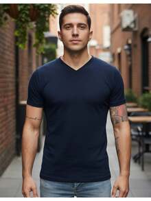 Men's V-Neck Slim Fit Short Sleeve T-Shirt With Elastane - 深藍色 - 查看 1