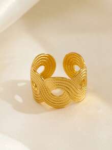 1pc 18K Gold Plated Stainless Steel Geometric Striped Ring, Suitable For Women's Daily Wear - Gold - View 7