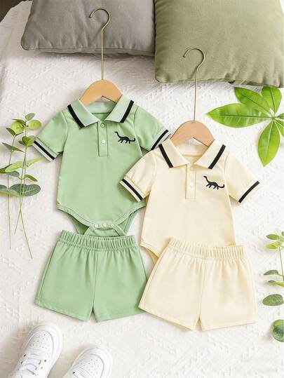 4件套男婴夏季恐龙印花Polo领连体衣、短袖和短裤套装