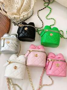 1pc Multi-Color Quilted Metallic Accent Bow Decor Shiny PU Leather Mini Structured Zipper Closure Crossbody Bag, Sweet Girl Style For Daily & Commute - Multicolor - View 2