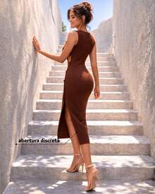 Women's Midi Dress In Premium Tailored Fabric With An Elegant Side Slit. - 鏽棕色 - 查看 3