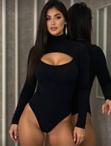 Women's High-Neck, Long-Sleeved, Open-Front Bodysuit In Bouble Fabric. - 黑色 - 查看 1