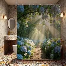阳光绣球森林小径浴帘，蓝色绣球花冠阳光林地图案，防水耐用涤纶浴帘，自然灵感浴室装饰，宁静花园风格卫生间隔断，热门家居风景花卉浴帘，阳光森林绣球花浴帘，防霉速干浴室浴帘，美观自然风景卫生间装饰，畅销风景印花浴帘 - 白紫 - 查看 8