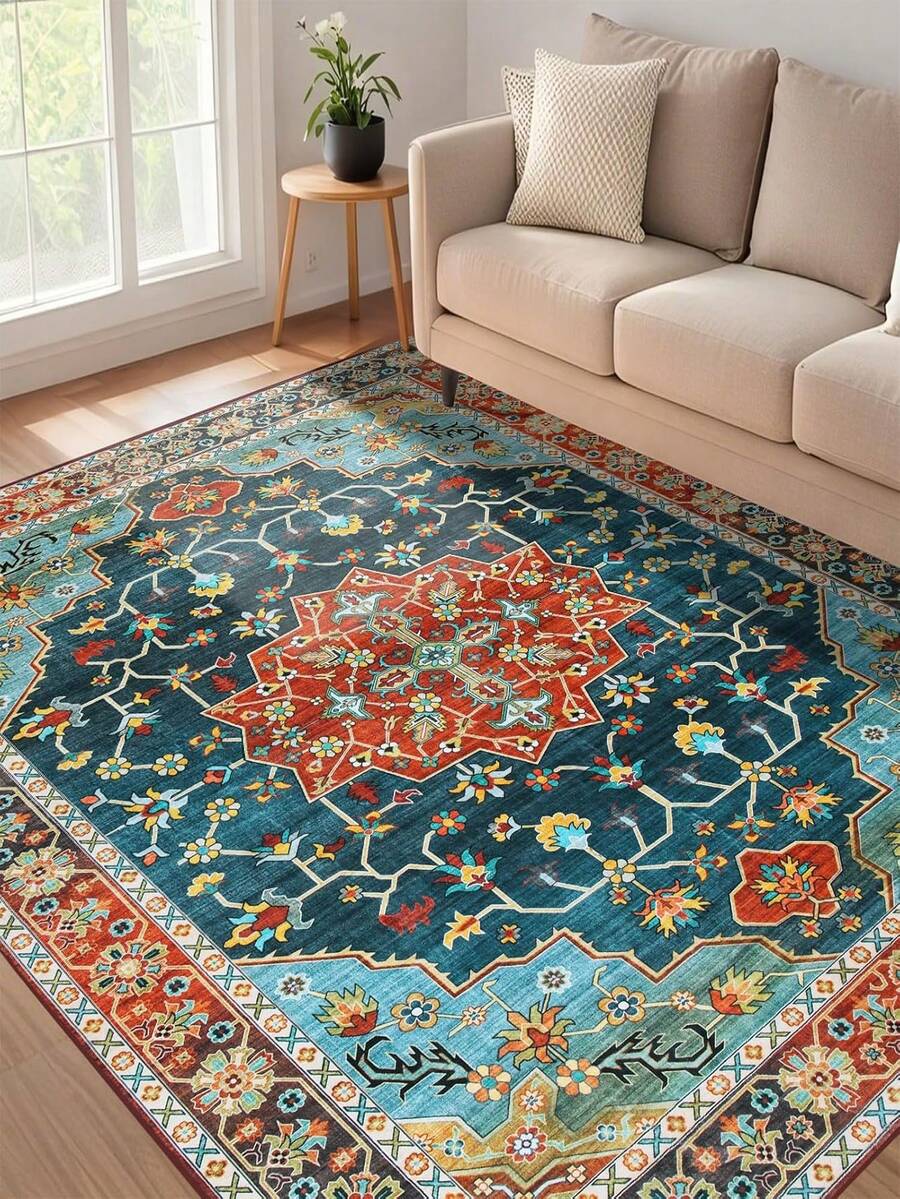 1pc Bohemian Style Paris Garden Printed Carpet, Suitable For Living Room, Bedroom, Dining Room, Dorm, Office And Other Home Decor, Non-Slip Vintage Farmhouse Style Rug - Red - View 1
