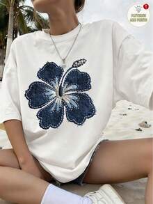 Teen Girl Cartoon Floral Print Crew Neck T-Shirts Spring And Summer Girl's Casual Tee Soft Tops - White - View 1