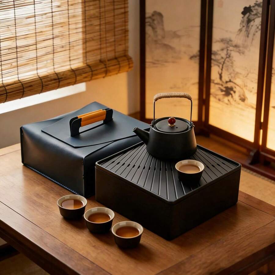 Chinesisches Japanisches Teekanne, 7-in-1 Gongfu Teeset mit 40ml Teetassen für 4, 3L Wasserauffang Teetablett und Reisetasche, Kung-Fu Teezeremonie Set, Tragbares Keramik Teeservice für Zuhause Reisen - Schwarz - Übersicht 1