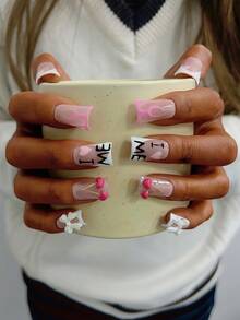 10 Stücke Y2K Nägel Schicke Entenschnabel Aufklebe-Nägel Set - Handgefertigt, rosa Nägel, weiße Nägel, weiße French Tip Nägel, handgemachte 3D Kirsche Nagelkunst, handgemalter rosa Streifen und rosa Liebes Muster Design, süße handgemalte Nägel, weiße Schleife Dekoration, zarte anmutige Nägel - geeignet für Frauen und Mädchen, Party Handgemachte Aufklebe-Nägel - Verschiedenfarbig - Übersicht 4