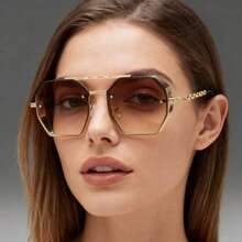 1pc Women's Double-Bridge Polygonal Metal Frame Chain Temples Fashion Fashion Glasses - Golden Double Tea - View 3