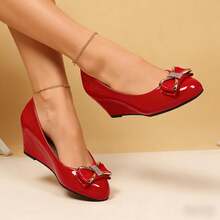 Geeyea Women's Elegant Solid Color Mary Jane Shoes, Wedge Heels, Easy To Slip On And Off, Adorned With A Bow Decoration | Smooth And Glossy Finish, Suitable For Everyday Casual And Formal Occasions | Local Warehouse Women's Shoes - 紅色 - 查看 2