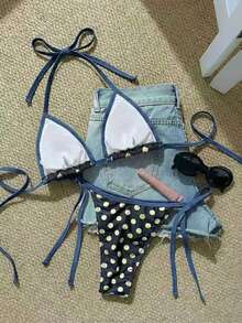 Bộ bikini xẻ tà cổ dây rút, họa tiết chấm bi gợi cảm, hàng mới về mùa xuân/hè dành cho nữ, thích hợp cho bãi biển, hồ bơi, tiệc tùng, kỳ nghỉ. Màu đen. - màu đen - Xem 7