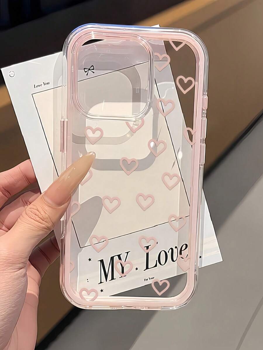 1pc Pink Heart Cute Pattern High-End Transparent Full-Body Shockproof TPU Fashionable Phone Protective Case Suitable For IPhone 11 12 13 14 15 16 17 Pro Max - Multicolor - View 1