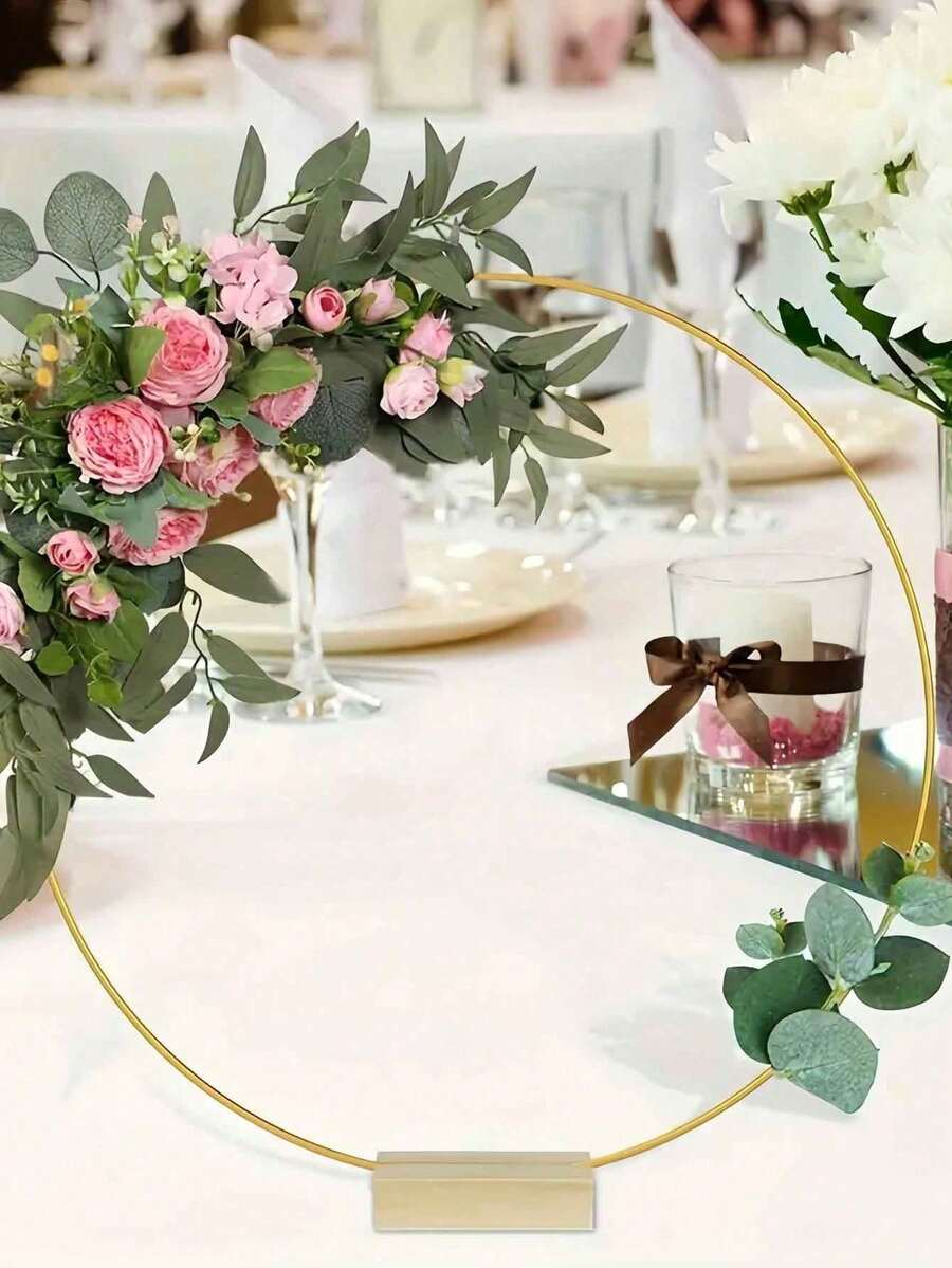 6 Stücke Metall Blumen Kranz Tischmitte mit stabilem Holzsockel - elegante DIY runde Tischdekoration für Hochzeit, Geburtstag, Bridal-Shower, Party, einfache Montage, Innen-/Außenbereich, Hochzeitsdekoration, Eventgestaltung, hochwertige handgefertigte Optik, geeignet für Dekorateure, Eventplaner - Gold - 30 cm - Übersicht 1