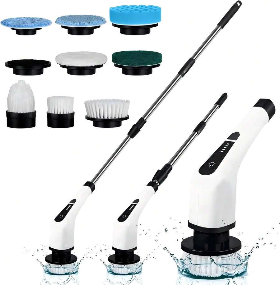 Spin Scrubber Electric 9 en 1, cepillo para polvo de limpieza eléctrico inalámbrico, limpiador de ducha con mango ajustable, limpiador eléctrico para limpieza de baño con doble velocidad, cepillo para - Tipo de varilla de extensión de mango largo - Ver 1