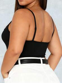 VIVINA 大码女装夏季纯色蕾丝拼接圆领修身吊带背心休闲款 - 黑色 - 查看 3