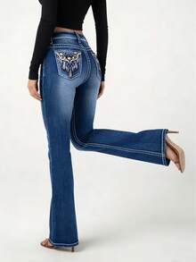 Y2K Women's Mid Waist Bootcut Jeans Washed Blue Embroidered Flower Design Button Fly Pocket Slim-Fitting Flared Denim Sweatpants - Blue - View 3