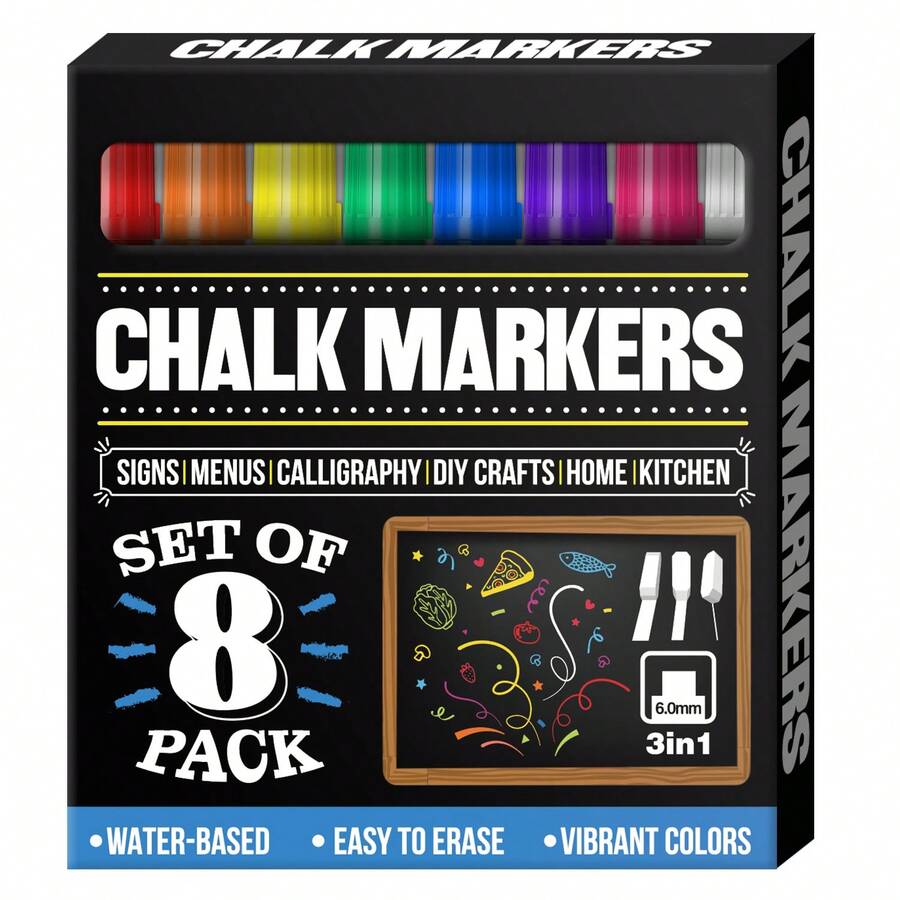 Flysea 8色白色粉笔笔，8种经典颜色马克笔套装，含专业白色粉笔笔5支装，水性无尘液体粉笔，适用于广告和涂鸦，黑板粉笔套装，5种不同笔尖尺寸，用途多样。