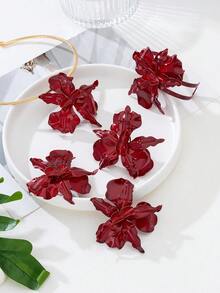 一套复古欧美夸张3D立体花卉不对称亮面耳环，女士礼物，适合度假和宴会佩戴 - 紅色 - 查看 5