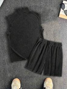 简约休闲复古夏季男士水洗做旧拉链背心套装 - 黑色 - 查看 4