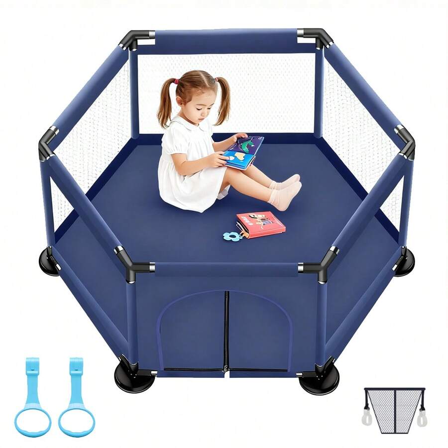 Corral para Bebés Plegable y Portátil Corralito hexagonal de juegos para bebés y niños, con gimnasio y aro de tiro. Estructura resistente en acero inoxidable, ideal para interior y exterior. Medidas: 137 cm x 113 cm x 65 cm - Azul - Ver 1