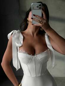 Đầm midi ôm sát gợi cảm, thanh lịch, dây mảnh, ren trắng, nơ, thích hợp cho mùa hè, dự tiệc cưới, dạ hội, cocktail dành cho nữ. - trắng - Xem 2