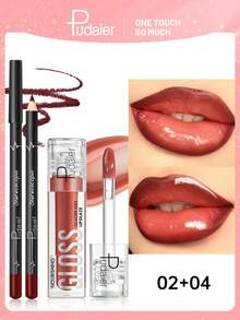 Pudaier Moisturizing Lip Gloss And Lip Liner Set - 3D Precise Lip Definition For Dewy Makeup, Suitable For Various Makeup Styles - 02+04 - View 3