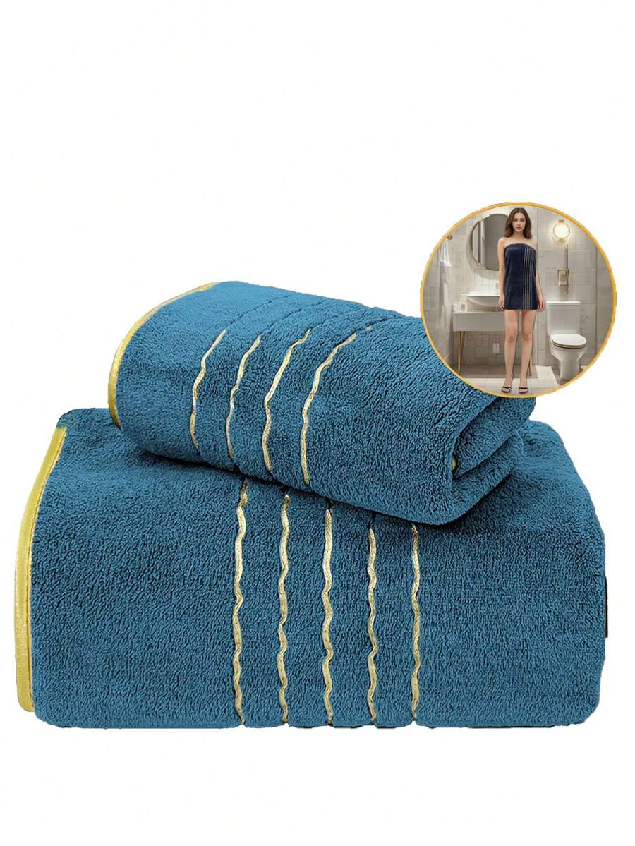 Coral Fleece Striped Minimalist Soft Absorbent Bath Towel/Hand Towel For Home Use - Blue - View 1