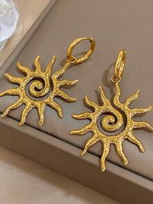 1Pair Unique Sun Shine Earrings For Women Stainless Steel Earrings Dainty Pendant Earrings For Daily Party Jewelry Gifts - 金色 - 查看 5