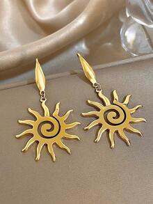 1Pair Unique Sun Shine Earrings For Women Stainless Steel Earrings Dainty Pendant Earrings For Daily Party Jewelry Gifts - 金色 - 查看 6