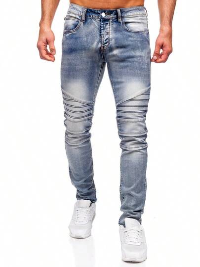 Jeans skinny délavé, déchiré et rapiécé pour homme, bleu clair, stretch