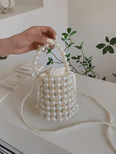 Mini Faux Pearl Rhinestone Decor Bucket Bag, Fashion Daily Use, Elegant Pearl Bag Local Shipping ﻿Pearl Women Beaded Crossbody Purse Evening Bucket Handmade Bags With DustBag For Wedding Party Banquet