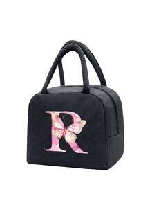 Pink Butterfly & Letter Pattern Insulated Lunch Bag, Thermal Lunch Box, Suitable For Students, Office, Camping, Picnic, School, University, Lightweight Portable Canvas Lunch Storage Bag - Multicolor - View 16