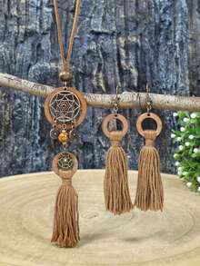 1/3pcs Bohemian Vintage Jewelry Set - Long Pendant Necklace, Tassel Leaf Design Earrings, Polka Dot Pendant Versatile Hippie Style Accessories For Women, Daily Wear, Party, Commute - Coffee Brown - View 5