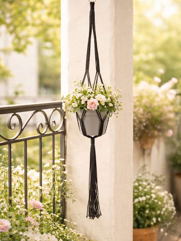 1pc שחור בסגנון בוהמי מקרמה תלוי, מתקן עציץ דקורטיבי למרפסת פנימית/חיצונית סלון חדר שינה פטיו גינה דירה גותי מודרני מינימליסטי עיצוב הבית, תצוגת צמחים אנכית חוסכת מקום, מתנה לחנוכת בית לאוהבי צמחים, עיצוב הבית בגוון כהה