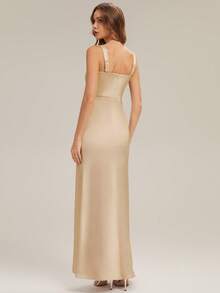 EVERPRETTY Nuovo elegante abito da damigella d'onore color champagne ad alto lucido, abito da cerimonia in tessuto di raso con design schiena scoperta, abito da sera attillato con spacco alto e decorazione fai-da-te con nastro, adatto per matrimoni, feste di vacanza, cene formali, celebrazioni di compleanno e altro ancora - Champagne - Visualizzare 7