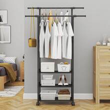 clothes rack 22mm 太めスチールダブルハンガー 幅95cm ワイド設計 たっぷり収納 ハンガーラック 3段収納棚 キャスター付き 2段掛け収納量アップ パンツバー付き 多機能ハンガーラックベランダ - ブラック - チェックする 12