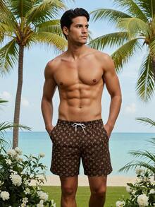 Men's Summer Printed Pattern Drawstring Waist Oblique Pocket Hawaiian Quick-Dry Double-Layer Mesh Lined Shorts, Contrast Letter 3D Graphic Art Print, Fashionable Casual Beach Holiday Swim Trunks - Brown - View 1