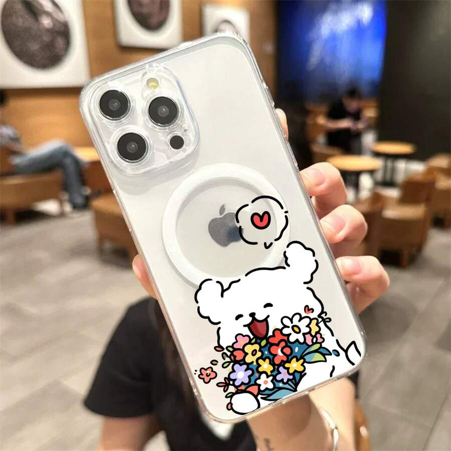 Clear Acrylic Magnetic Phone Case For Couples, Compatible With Multiple Phone Models - Perro Con Flores2 - View 1