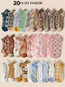 5双/10双/20双随机多色压花图案袜子，舒适透气，适合校园和大学穿着。它们轻便时尚，男女皆宜，是校园派对、日常居家休闲穿着的理想之选。柔软舒适的男女短袜，是必备单品。 - 彩色 - 查看 10
