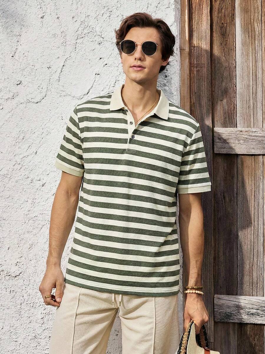 Mercer Haus Knitted Men's Striped Polo Shirt - Fashionable & Comfortable - Knitted - Green - View 1