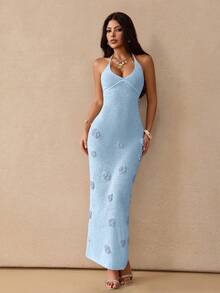 Yuwenier Elegant Sexy Hollow 3D Floral Embroidery Knit White Spaghetti Strap Dress, Backless Fitted Long Dress For Summer Beach Vacation Sweater Dress Spring - Blue - View 6