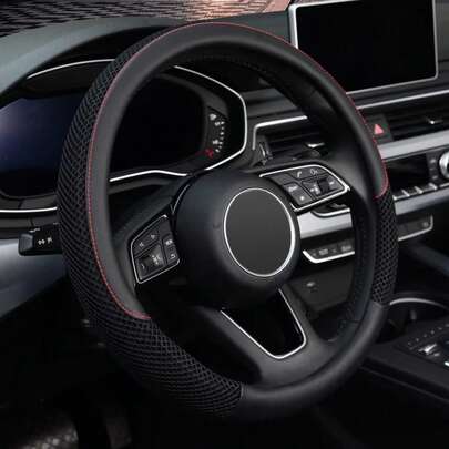 Bọc vô lăng bằng lụa băng thoáng khí - Ít thấm hút, phù hợp với ô tô, xe tải và SUV - Miếng đệm vô lăng mềm mại, chống trượt, dùng được cả bốn mùa, làm từ PU và sợi microfiber, với đường chỉ khâu màu đỏ.