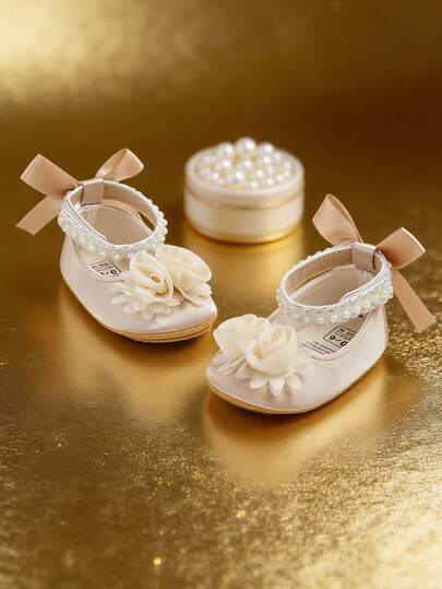 Infant Girls Mary Jane Flats With Bowknot, Soft Sole Non-Slip Newborn Infant Toddler First Walker Shoes, Princess Crib Dress Shoes, Easter Gift, Birthday Present, Holiday Party Shoes For Infant Girls 0-18 Months