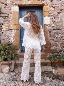 Faeriesty BohoBloom Women's 3 PiecesBohemian Set: Lace Trim Camisole, Collar Hollow Out Blouse, And Flowy Wide Leg Pants, Suitable For Vacation, Casual, Daily Wear, Beach, Park Stroll - White - View 2