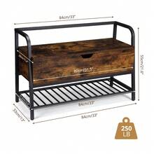Shoe Bench With Storage Space Bench Industrial Design Shoe Rack Vintage Metal Frame Dark Brown 90 X 40 X 45 Cm Hinged Lid Grid Shelf Wardrobe Bench Retro Wood Look - Brown - View 2