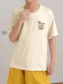 Tween Boys Casual Printed Crew Neck Short Sleeve T-Shirt, Summer Top - Apricot - View 3